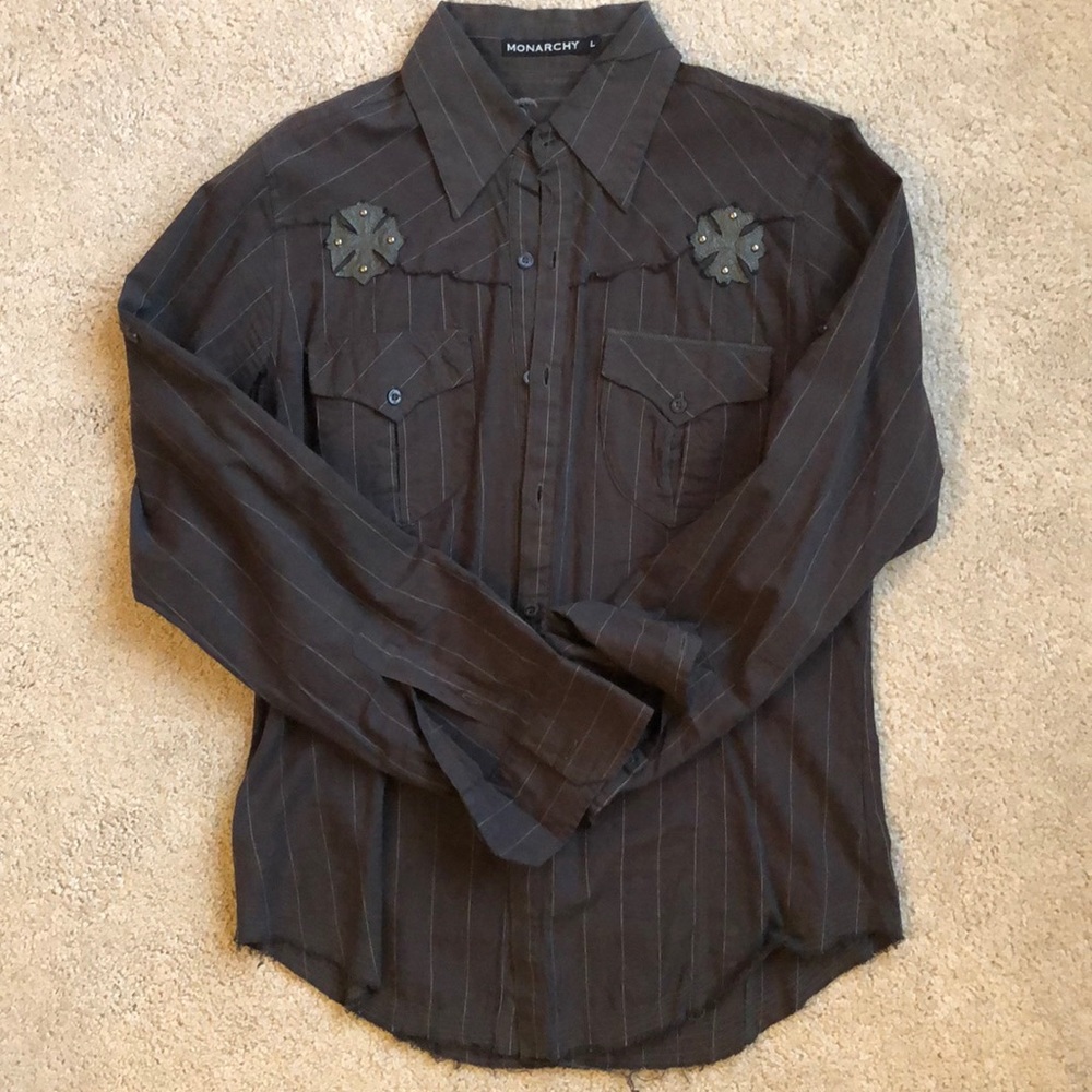 Black Monarchy Button Down with Embroidered Detail! Size Large